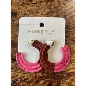 Emberly Wrapped Hoop Earrings Burgundy & Pink Natural Raffia Boho Statement  NWT